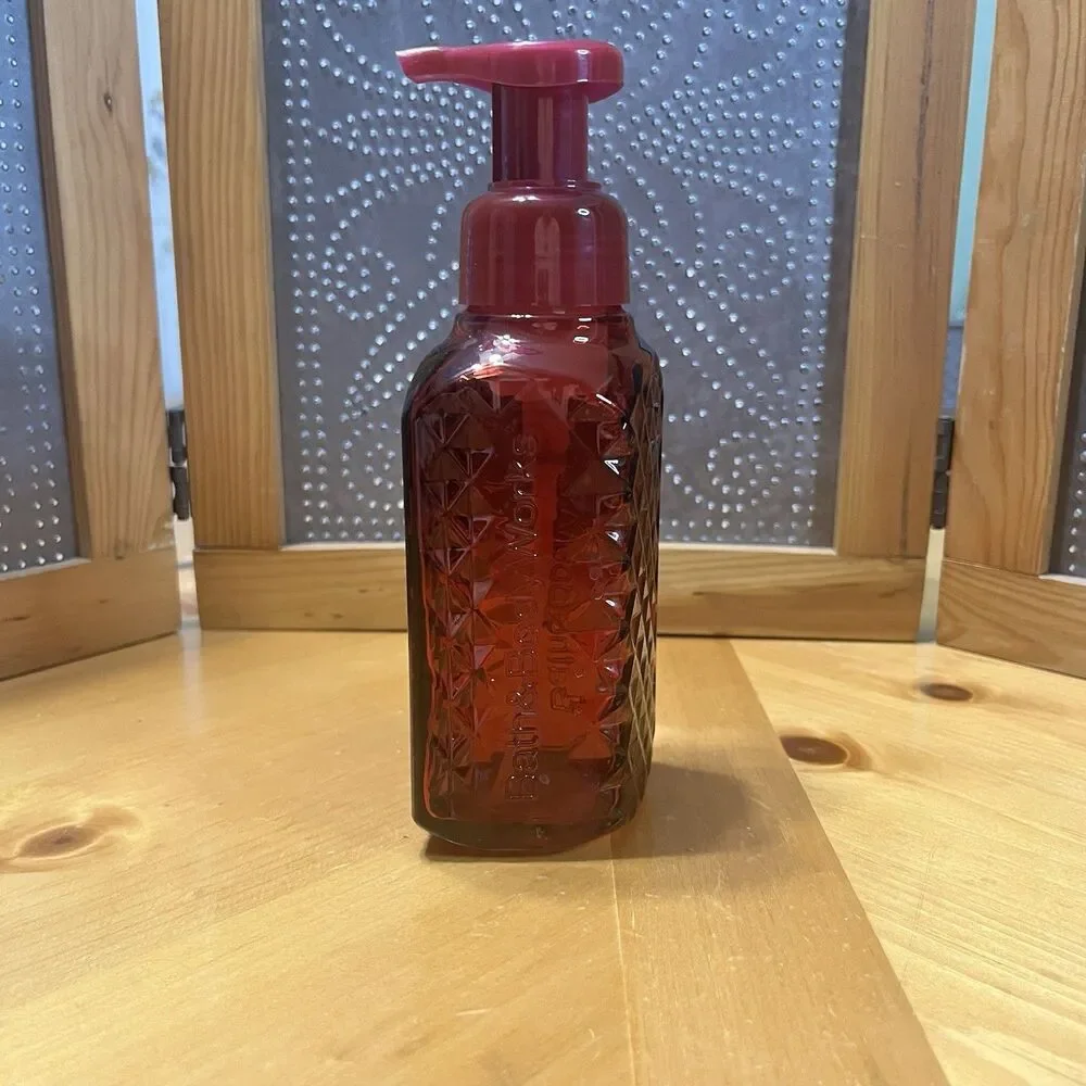 Bath & Body Works Glass Foaming Soap Holder Dispenser Pump Red Bathroom Decor